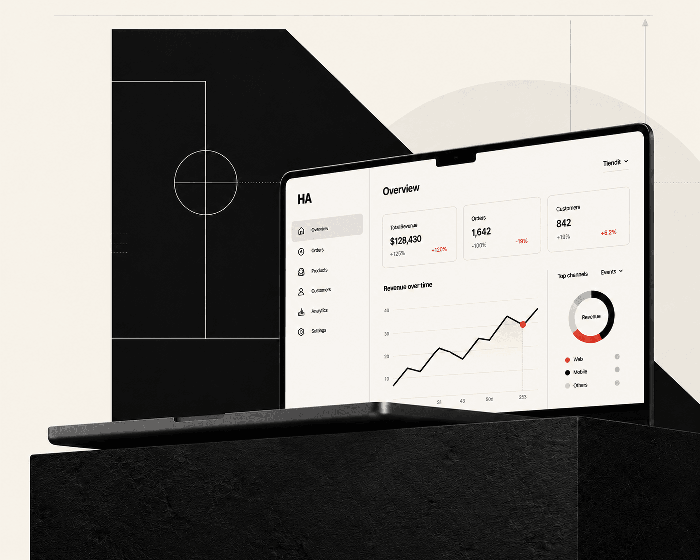 HA Commerce Hub product showcase — analytics dashboard on monolithic pedestal